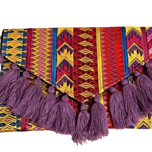 Ethnic Boho Large Clutch Suede Wristlet Bag Handmade Embroidery Tassels Indi NEW - Picture 5 of 16
